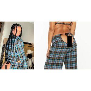 💕SAVAGE x FENTY💕 Tied Up Tartan Open-Back PJ Pant Blue Aruba Plaid Medium NWOT